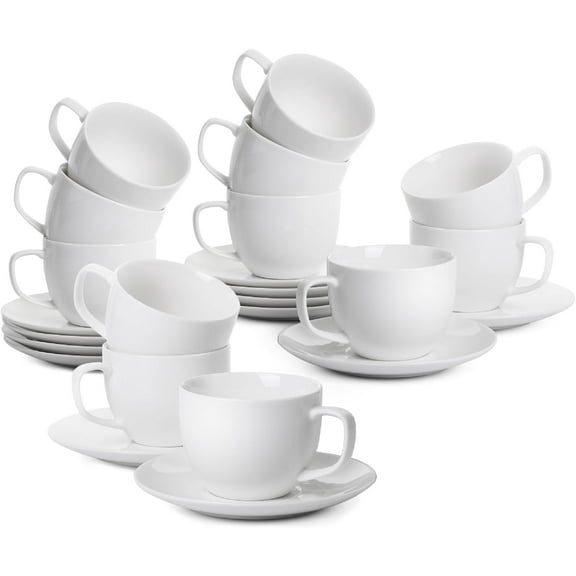 Porcelain Tea Cups and Saucers, 8oz, Set of 12, White