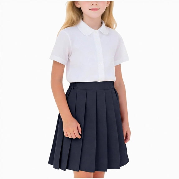 mgoYE School Uniform Skirt Girls 2-17T Kids High Waist A-line Pleated Skorts Girls Solid Color Mini Skirts with Shorts(Navy,4-5 Years)