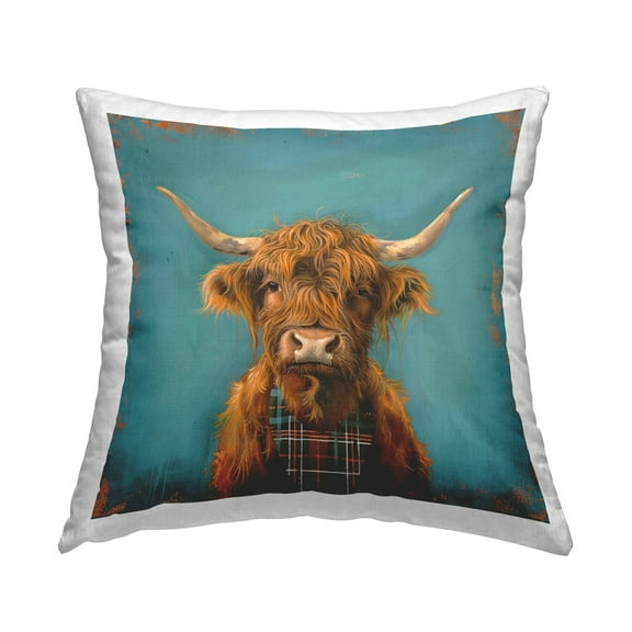 Stupell Industries Highland Cow on Blue 18" x 18" Animals Print Polyester Throw Pillow, Zip Closure 1 Count