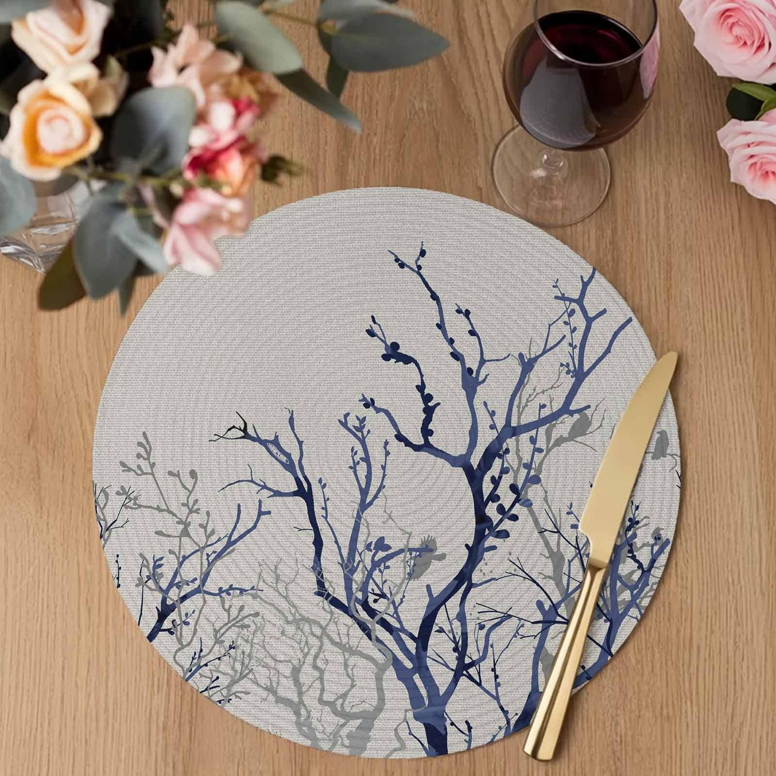 Blue Tree Round Placemats Set of 8 Retro Farmhouse Botanical Branches Bird Place Mats Indoor Woven Table Mats Washable Heat-Resistance Braided Dining Table Placemats for Kitchen Party Decor 13 Inch