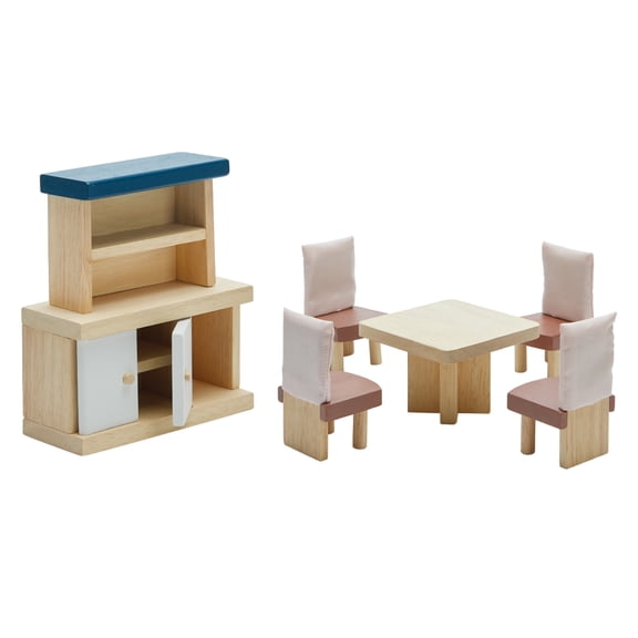 PlanToys® Wooden Dining Room Set | Montessori Dollhouse Furniture with Table, Chairs, Cupboard and Shelf | Imaginative Role Play Toy for Social Interaction | Eco Friendly Pretend Play Kitchen Activit