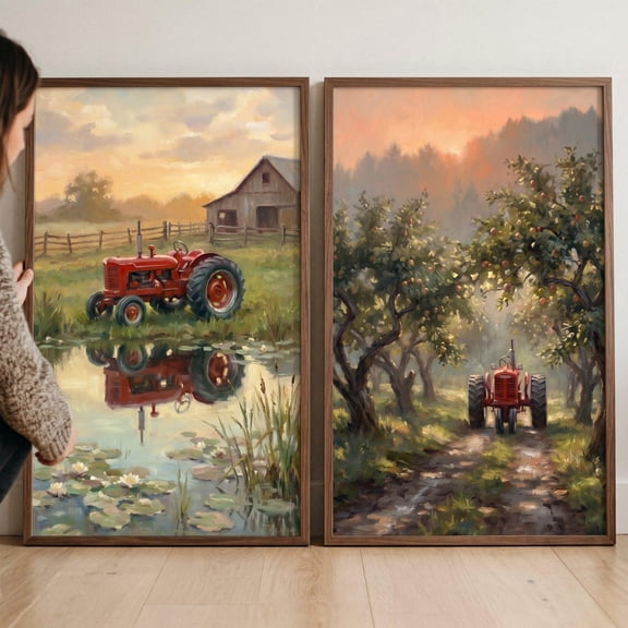 Rustic Farm Tractor Wall Art Print Set Of 2 With Orchard Barn Sunset Decor