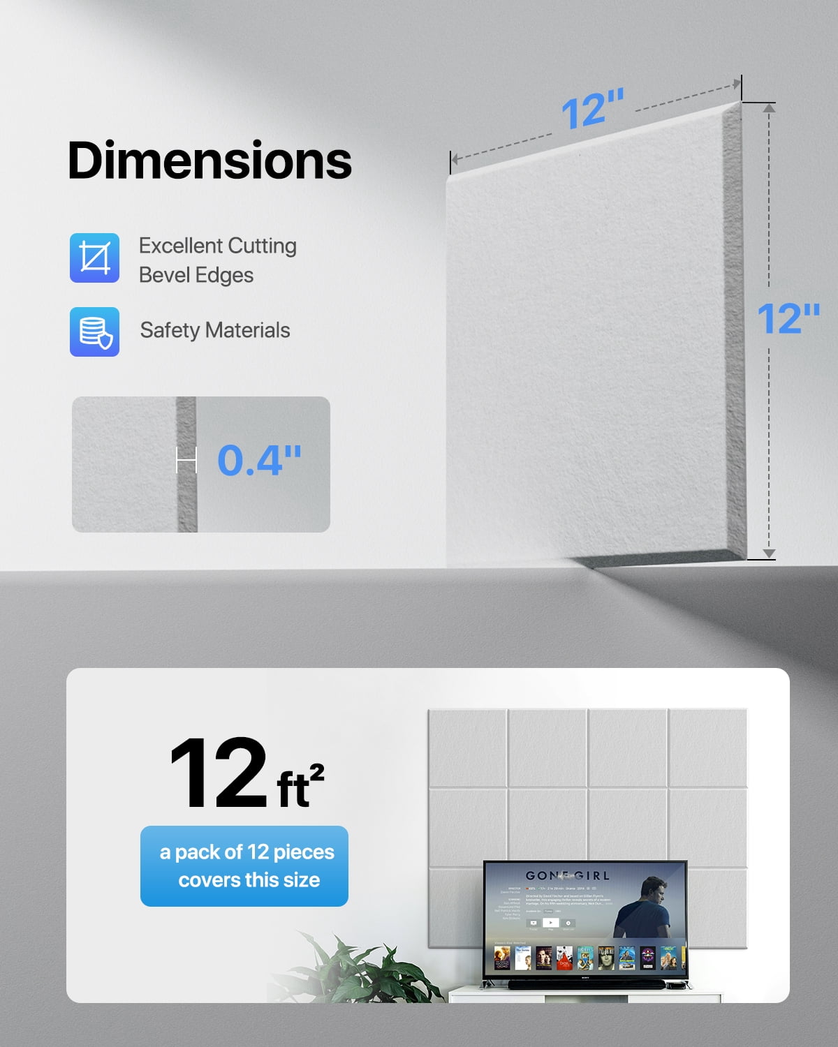 Soundsbay Soundproof Wall Panels Square Self-Adhesive Soundproof Absorbing Noise Cancelling Wall Panels 12 Pack White 12'' x 12'' x 0.4''