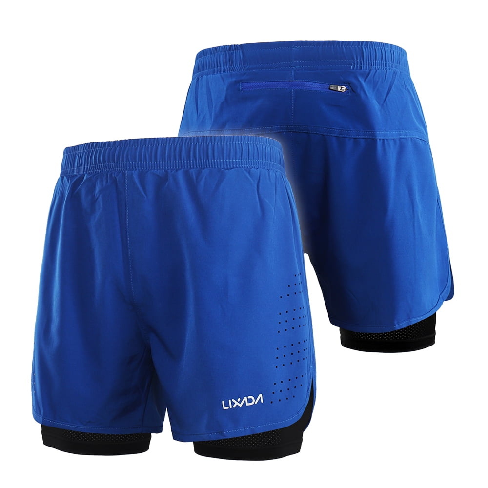 Lixada 2 in 1 shorts men Quick Drying Breathable Active Training Exercise Jogging Marathon Cycling Work-Out Shorts with Zipper Side Pockets Longer Liner & Reflective Elements