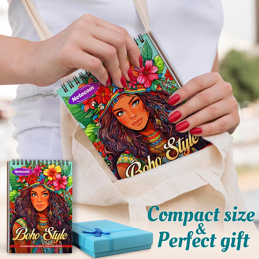 Boho Style Coloring Book Spiral Bound For Adults, A5 Wooden Cover, 30 Beautiful Coloring Pages of Black Women Styling Fashion Trends for Stress Relief and Relaxation