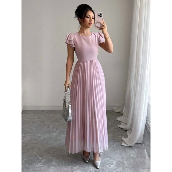 Pink Women Ruffle Sleeve Pleated Maxi Dress With Scoop Neck And Relaxed Fit
