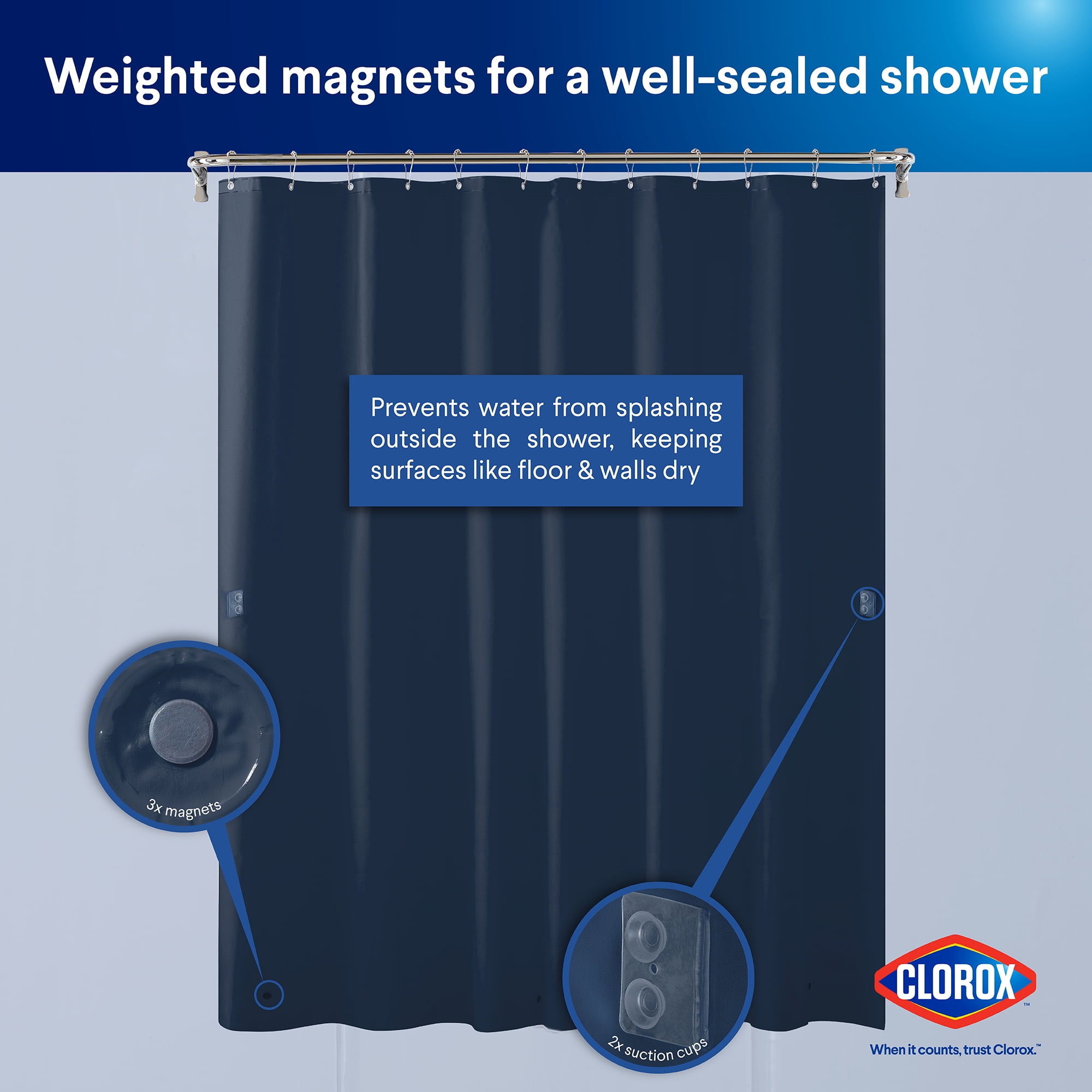 Clorox Shower Curtain Liner Heavyweight Waterproof PEVA with Metal Grommets 72" x 72" Blue