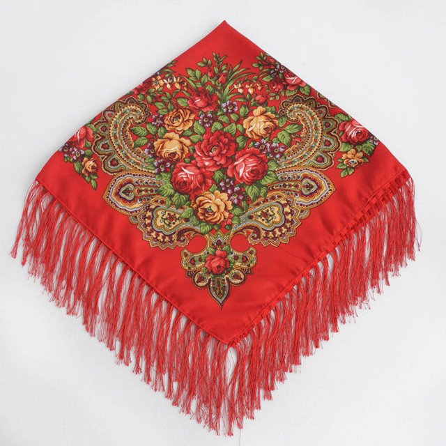 Bufanda estilo étnico retro con borlas cuadradas para primavera, verano, otoño e invierno, estilo Baotou, con bigote y flores bohemias