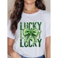 thumbnail image 1 of Women's St. Patrick's Day Lucky Clover Graphic T-Shirt - White Short Sleeve with Green Glittery LettCamisetas de verano para mujer, manga corta, cuello redondo, casual, lindo, con gráficos, camisetas, 1 of 6