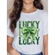 thumbnail image 1 of Women's St. Patrick's Day Lucky Clover Graphic T-Shirt - White Short Sleeve with Green Glittery Lettering & Bow Design, Polyester Blend, Round Neck, Machine Washable, Festive Holiday Top, 1 of 6