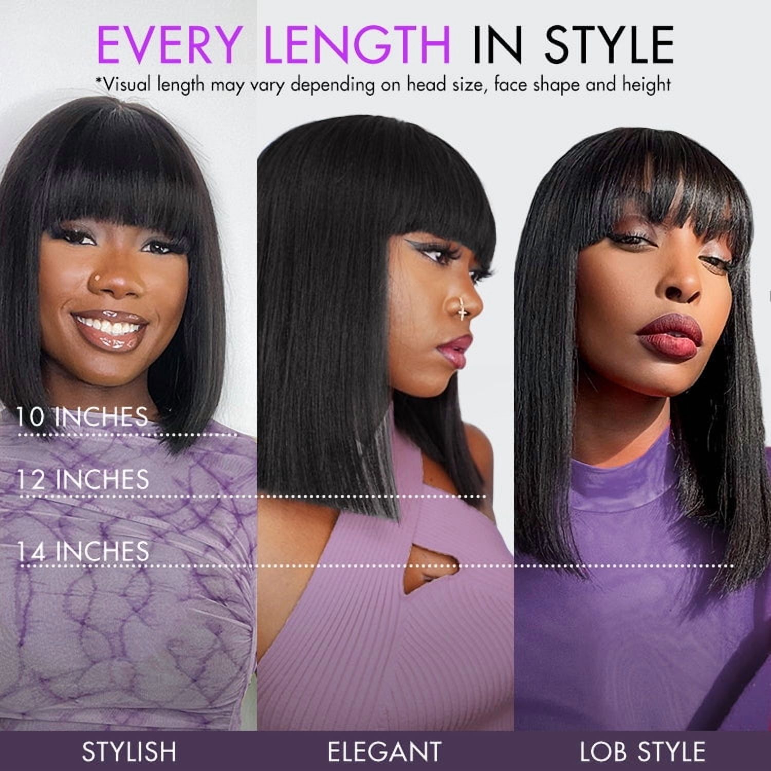 LUVME 10" Put On and Go Brown Highlight Yaki Bob with Bangs Glueless Minimalist Lace Wig Breathable Cap for Women