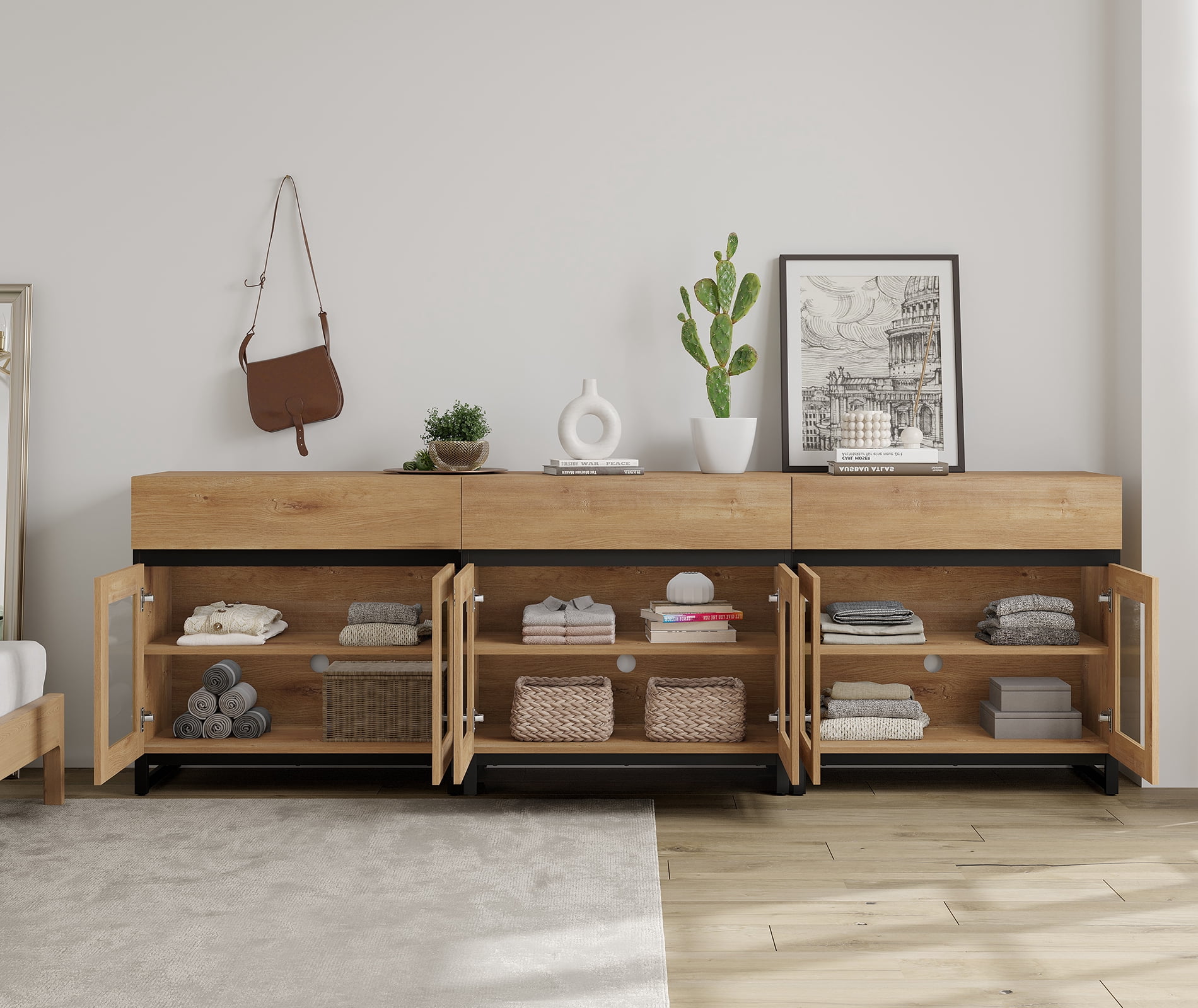 3 in 1 Modern TV Stand with Transparent Glass Doors, Multi-Piece Entertainment Center with 3 Drawers and Reinforced Metal Base, Matching 110 Inch TVs, Oak Style for Living Room