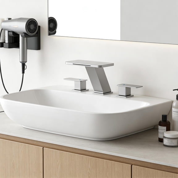 Waterfall 8 in. Widespread 2-Handle Bathroom Faucet, Brushed Nickel, 3-Hole Sink Faucet with Pop-Up Drain & Splash-Free Flow