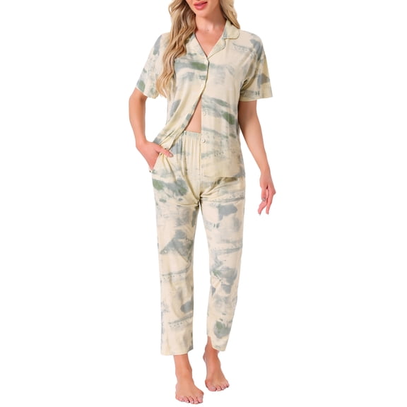 DARING DIVA Tencel Floral Short Sleeve Notched Collar Pants Set XS Green