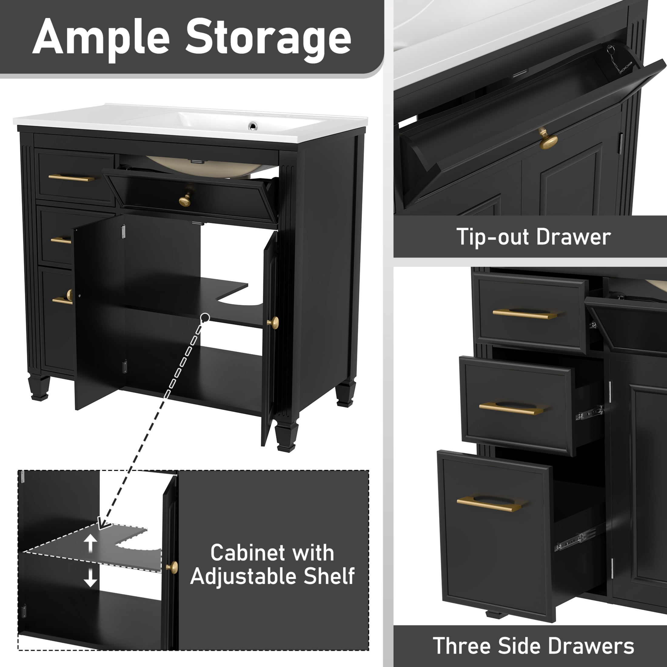 Christopher Knight Home 36" Bathroom Vanity with Sink, Tip-out Drawers & Gold Metal Handles, Black