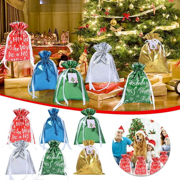 HKEJIAOI 9*12In Reusable Christmas Drawstring Gift Bag Aluminum Foil Tote for Party Favor Decoration Candy Toys Gifts 24x32cm 8 Pack