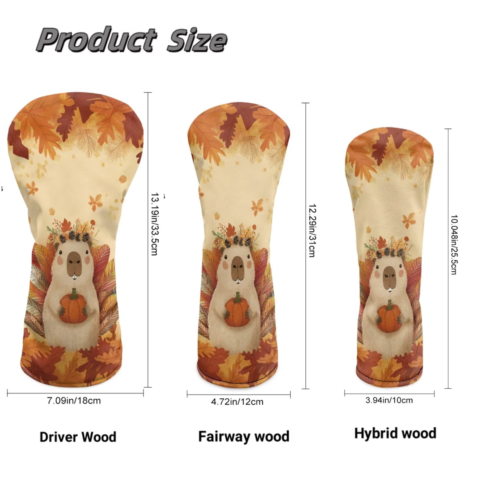 Uorisanigo 3pcs Golf Club Head Covers Autumn Capybara Headcovers Set Includes Driver Head Cover Fits up to 460cc Drivers, Golf Fairway Wood Hybrid Headcovers for Club Protective