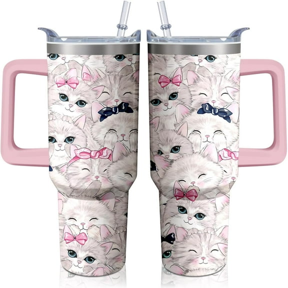 40oz Cute Cat Tumbler with Handle and Straw, Stainless Steel Insulated Cup with Lid, Travel Coffee Mug Water Bottle, Birthday Mothers Day Gifts for Women Men Animal Lovers