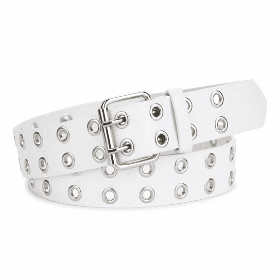 FLORNIX Double Grommet Belt,Pu Leather Punk Belt 2 Hole Grommet Jeans Belt for Women Men,White Belt Men