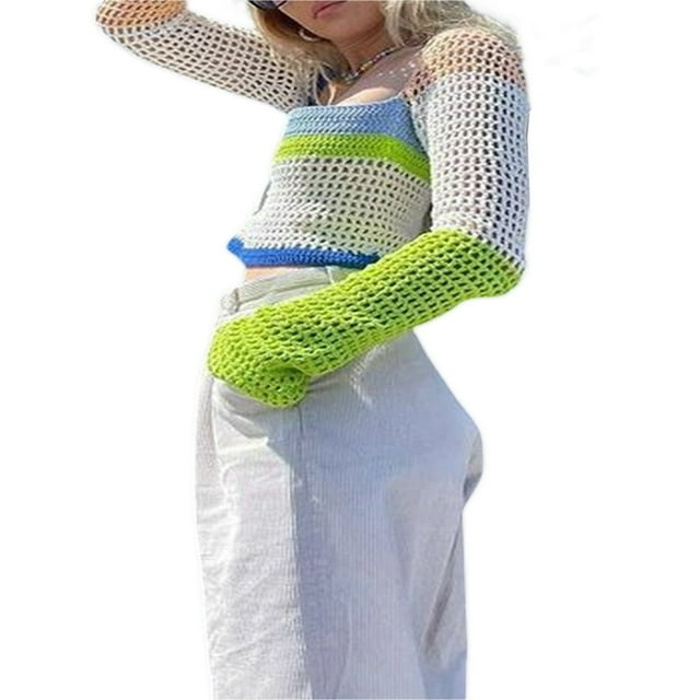 Women Crochet Knit Crop Tops Summer Long Sleeve Color Block Hollow Out Loose Fit T-Shirts