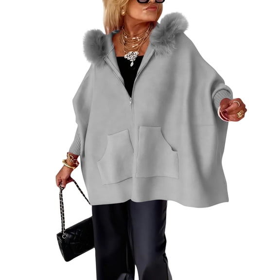 Womens Coat with Furry Hood Zipper Closure Front Pockets Loose Fit Outerwear for Daily Wear Warm Winter Jacket Gray 2XL