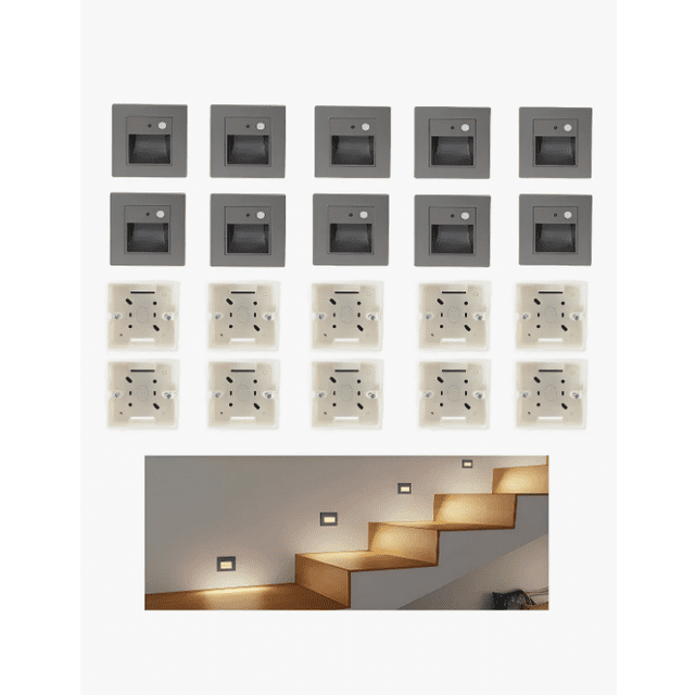10 Lámpara De Escalera Empotrada Con Sensor Color Negro