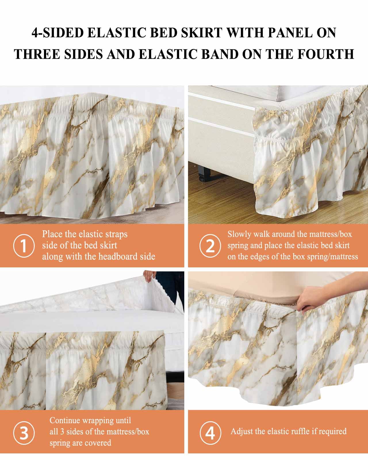 Marble Gold Wrap Around Bed Skirts for Queen Bed 16" Drop,Bed Skirt with Adjustable Elastic Belt Dust Ruffle Bed Valance for Bedroom Hotel Abstract Luxury Wave Gold Marbling Modern Bed Frame Cover