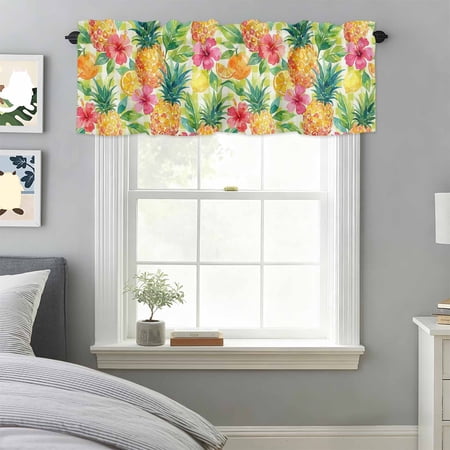 Curtain Valance for Windows Summer Pineapple Oranges Lemons Kitchen Valances Rod Pocket Short Curtains Yellow Green Check Window Valance for Bedroom Bathroom Living room 42x18in