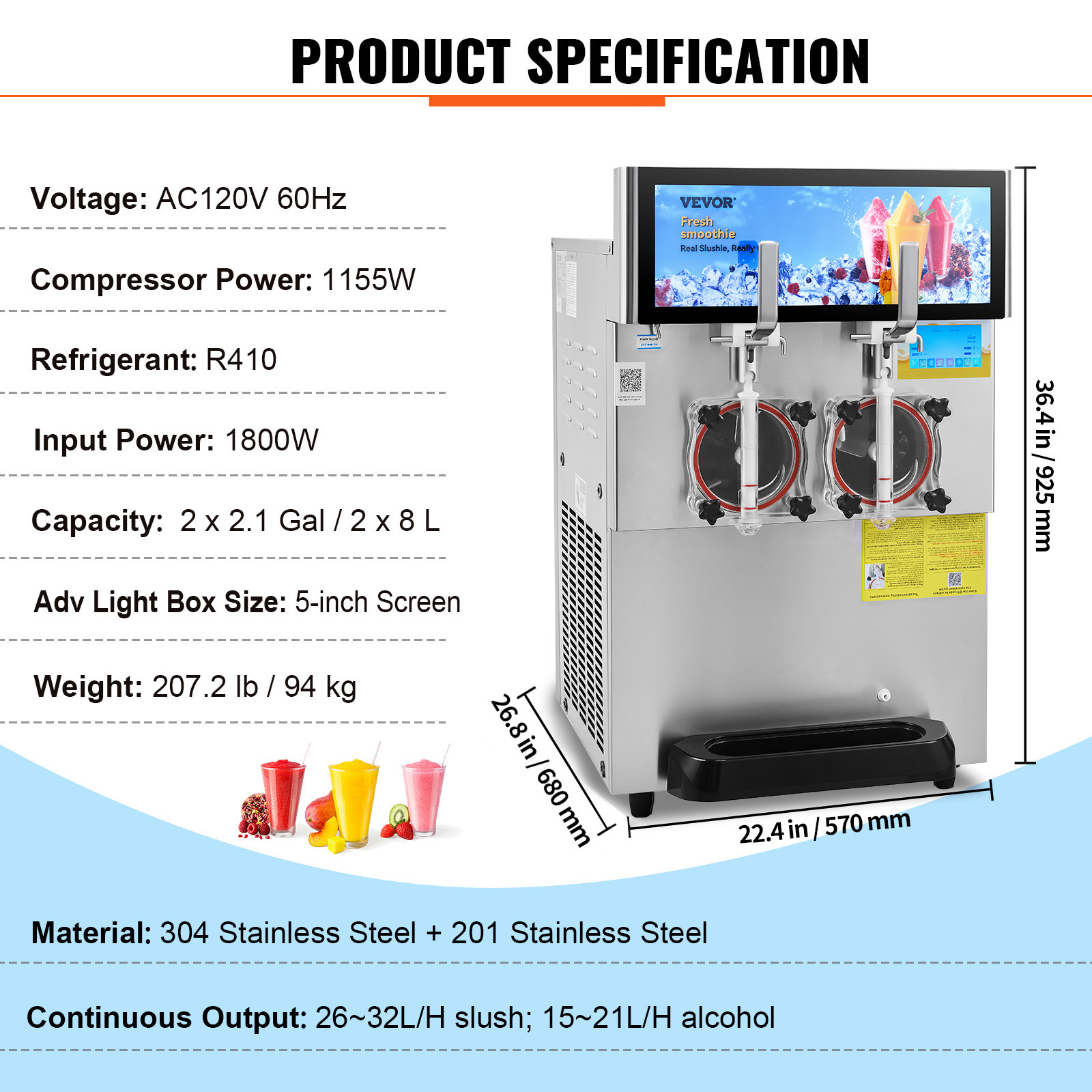 KFFKFF Commercial Slushy Machine, 8L / 2.1 Gal Dual Bowl Frozen Drink Maker, 1155W Stainless Steel Smoothie and Margarita Machine for Parties, Cafes, Restaurants, Bars, and Home Use