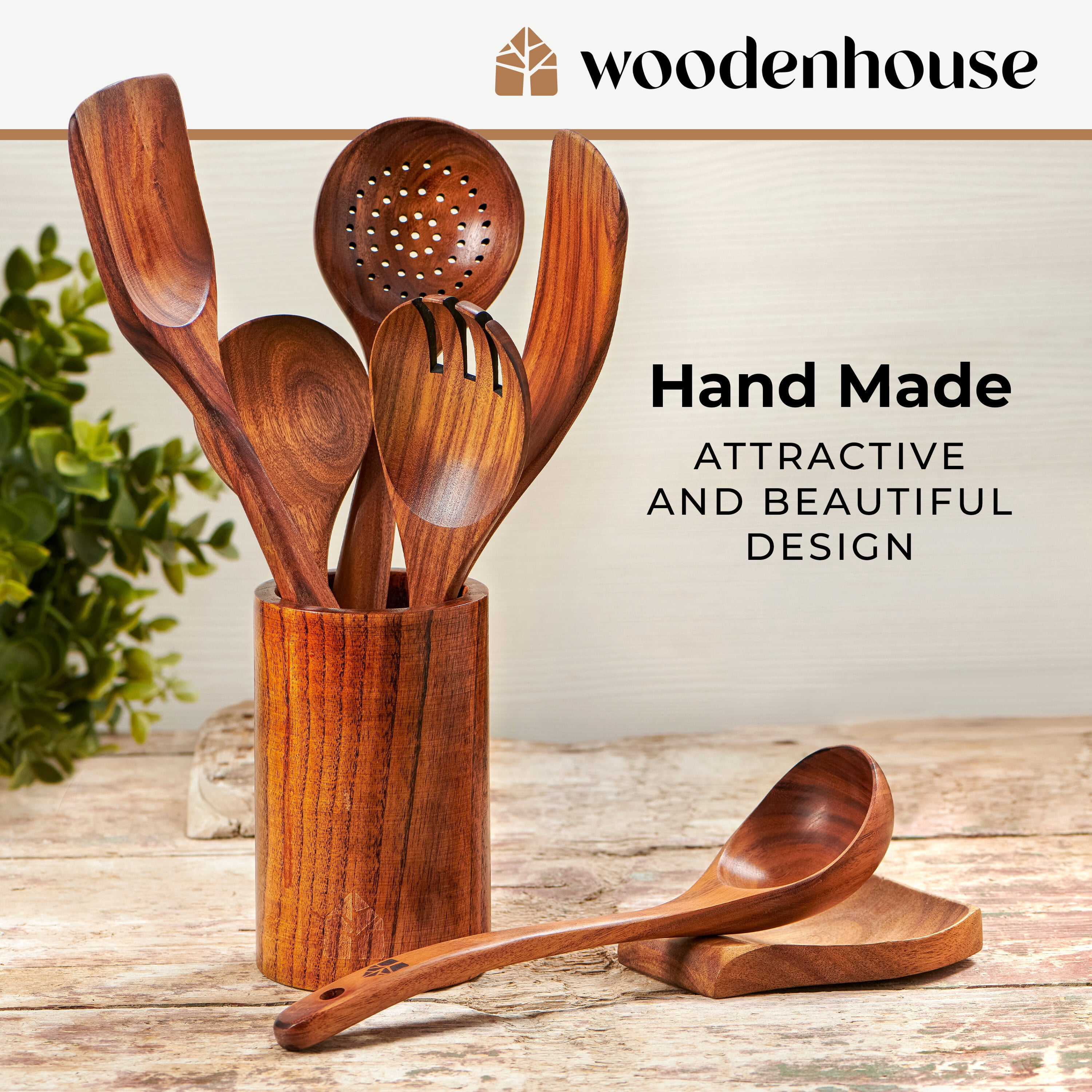 Wooden Utensils for Cooking, 8 piece Set with Holder, Perfect for Nonstick
