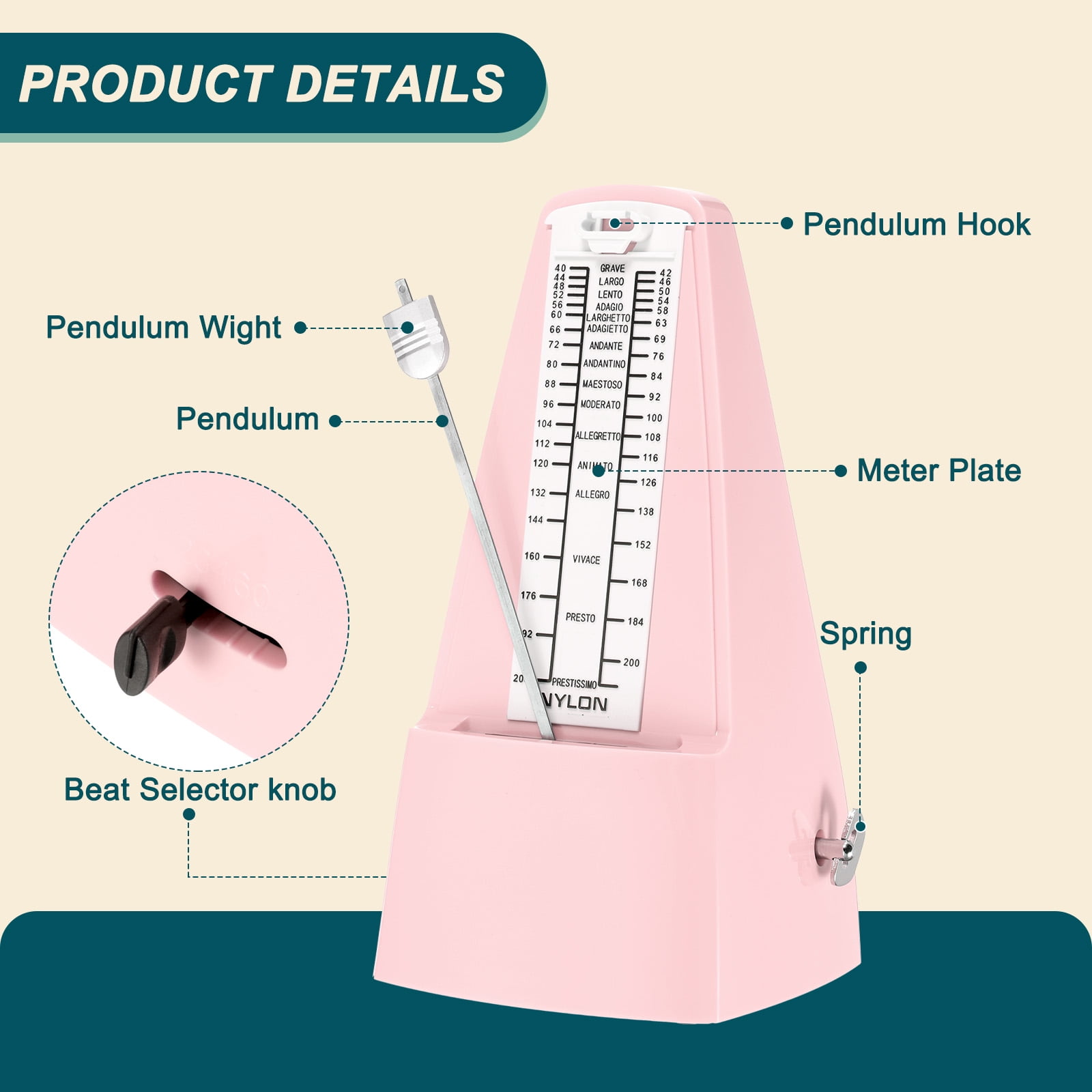 Uxcell Mechanical Metronome, High Accuracy Timer for Piano Guitar Violin Ukulele,Pink