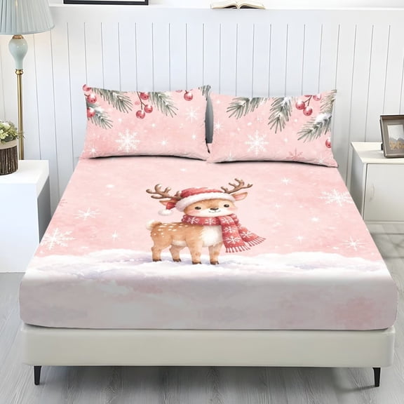 COEQINE Twin Size Sheet Set Soft Wrinkle Free 3 Pieces Bed Sheets Set with Deep Pocket Bedsheet & Pillowcases for Christmas Home Decor, Cute Reindeer Pink