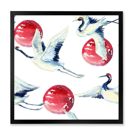 Designart 'Red Full Moon With Asian Crane Bird' Traditional Framed Art Print