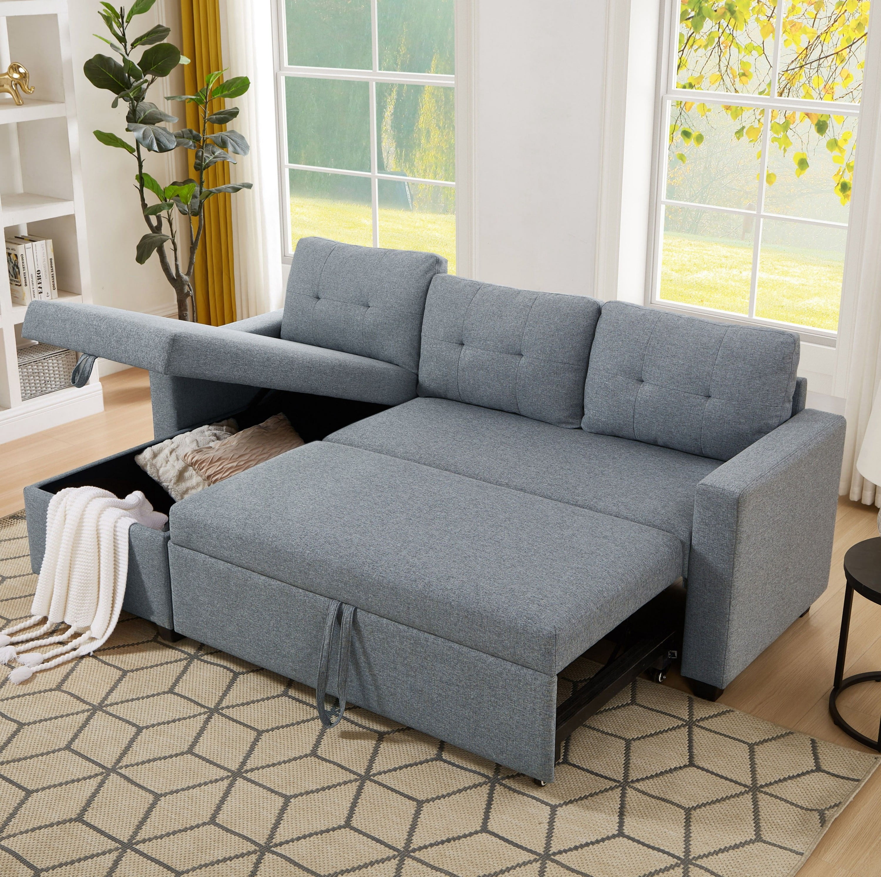 4-in-1 Convertible L Shaped Sleeper Sofa with Pull Out Bed and Storage Chaise, Linen Sectional Corner Couch with Removable Back Cushions for Living Room, Apartment, Bedroom,Office,Light Grey