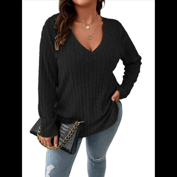 Suéter Informal de Punto con Cuello en V y Larga para Mujer, Talla Grande Negro XXL