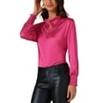 thumbnail image 4 of INSPIRE CHIC Women's Satin Tops Puff Long Sleeve Blouses Mock Neck Dressy Bow Casual Business Work Shirts L Rose Red, 4 of 6