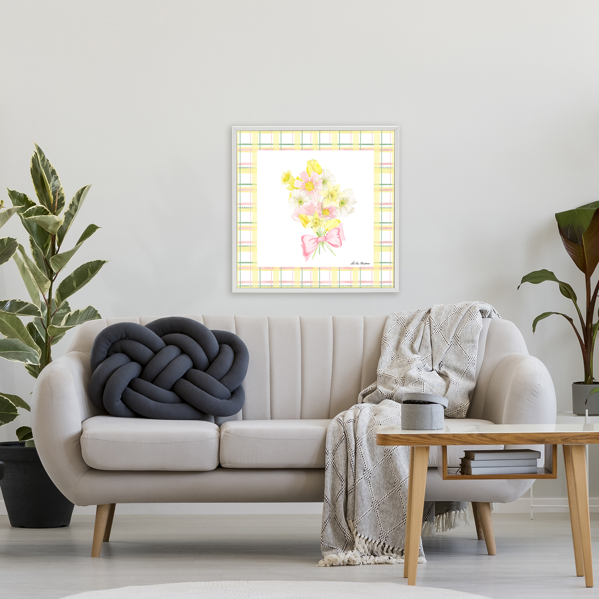 Spring Daffodils on Plaid White Framed Giclee Art, design by Lee Ann Sanders