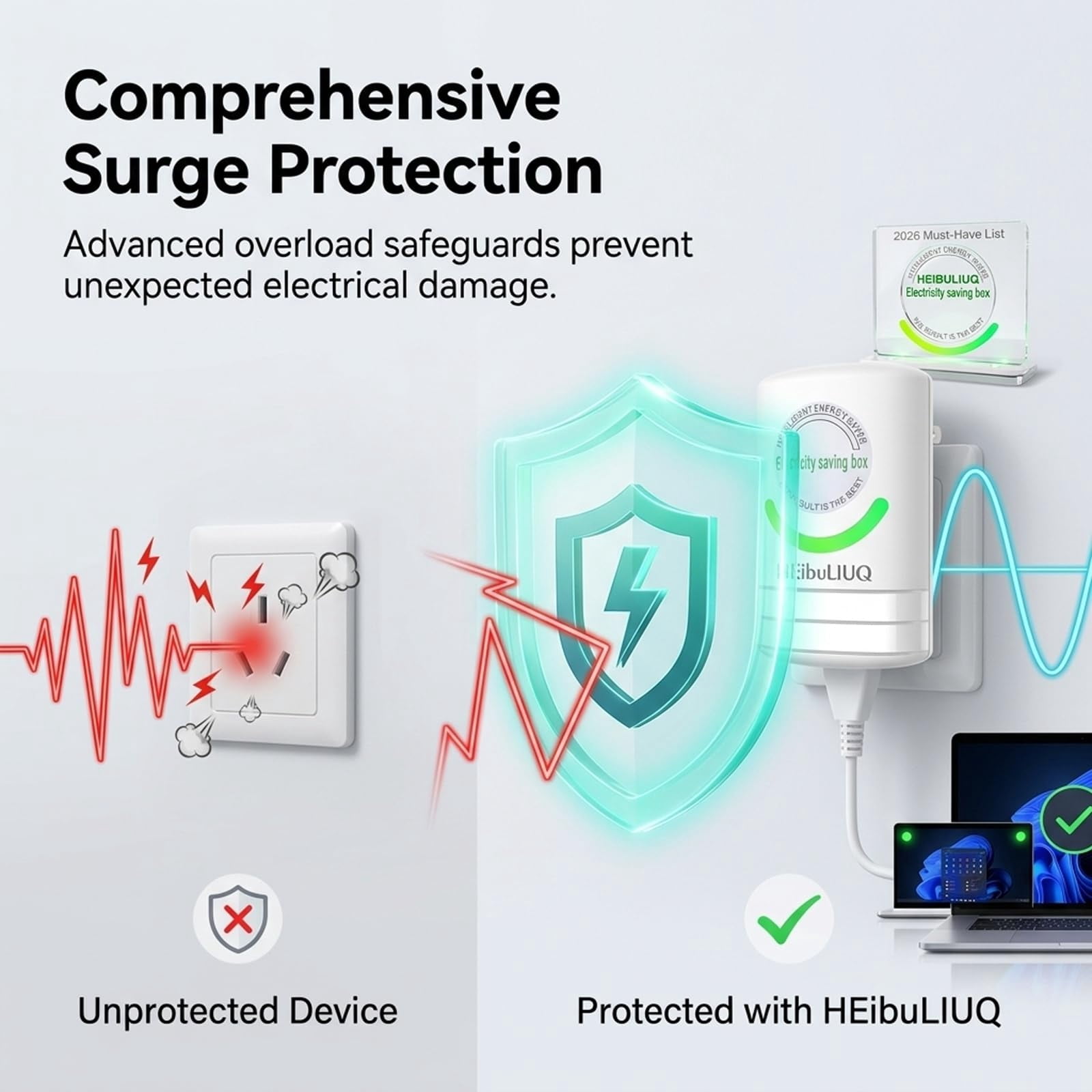 Electricity Saving Box for Home Office, Smart Power Saver Device Plug to Reduce Energy Bill, Automatic Stable Voltage Regulator Efficiency Equipment, Circuit Surges Protector Appliance