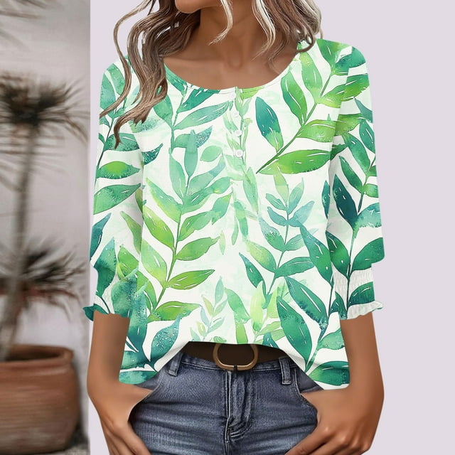 NJDVHB Blouses et Chemises à Manches 3/4 et Col Rond pour Femmes, T-shirt à Boutons Imprimé Mode pour Dames Manches 3/4 et Col Rond