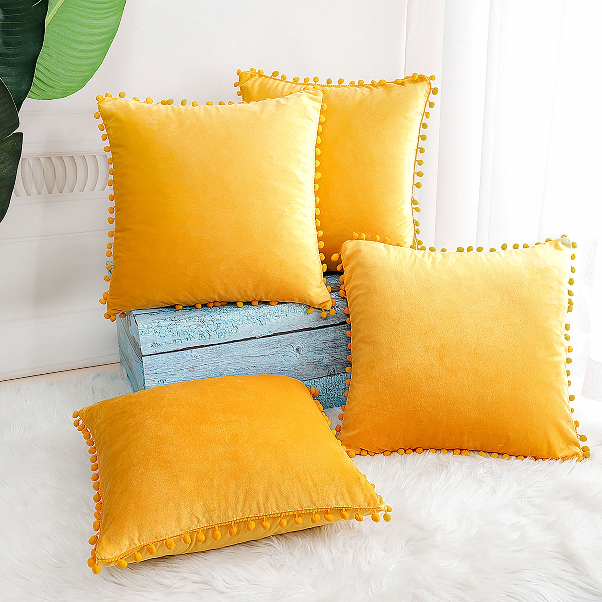 Unique Bargains Velvet Pillow Cover with Poms for Sofa 4PCS Gold 20" x 20"