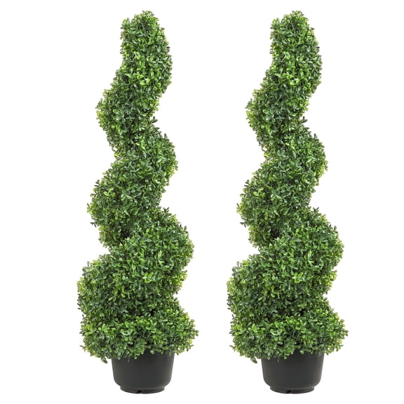 2 Pack Artificial Boxwood Spiral Topiary 36" Tall, PE Plastic Fake Plants with Iron Frame   10 Extra Leaves, Indoor Outdoor Decor