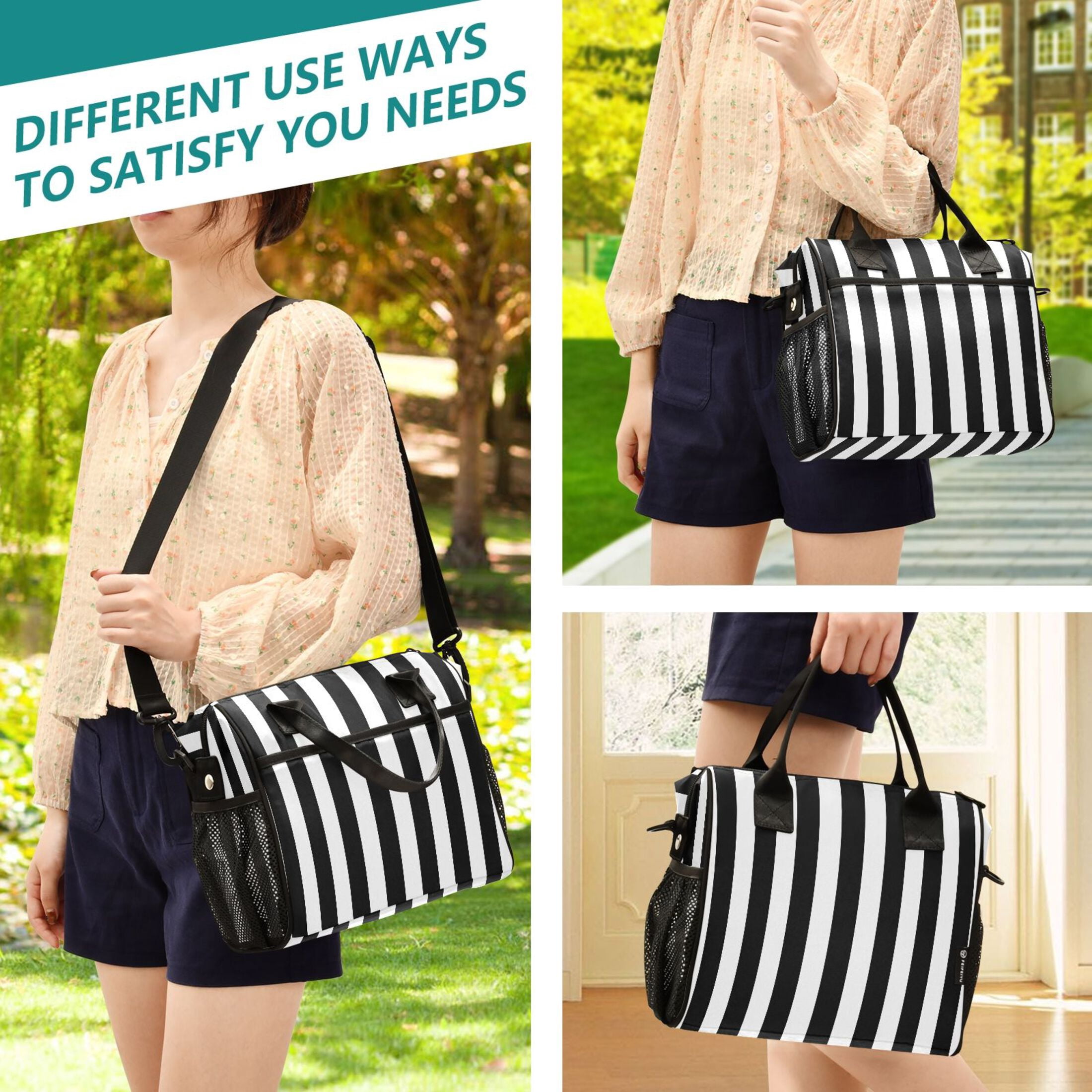 Lunch Bag Insulated Lunch Box Leakproof Reusable Cooler Tote Adjustable Shoulder Strap for Men Women Black and White Striped 12L
