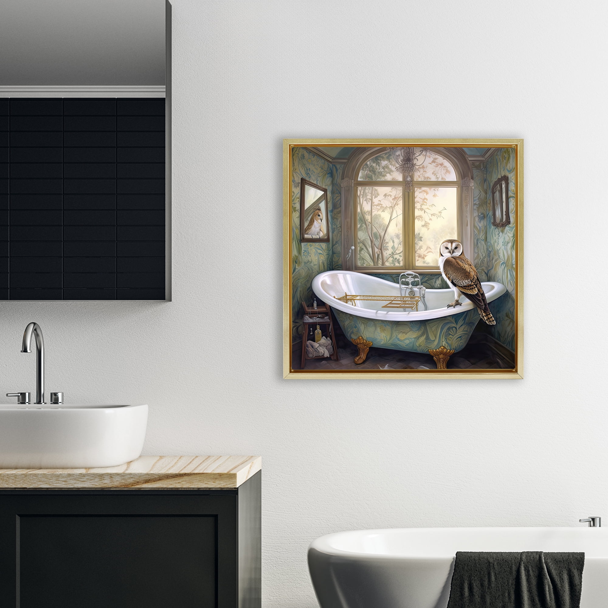 Paisley Patterned Owl Bathtime Gold Framed Floater Canvas Wall Art, design by Sasha