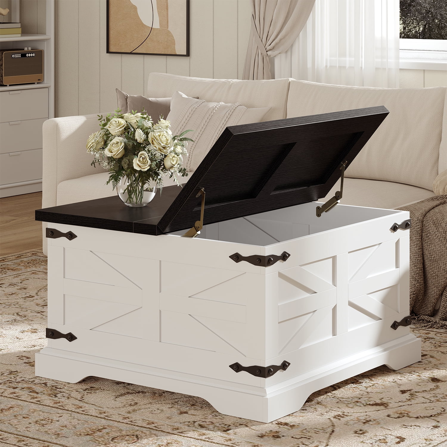 VVFLU Farmhouse Square Coffee Table with Storage for Living Room, Hinged Lift Top Soft Close, White