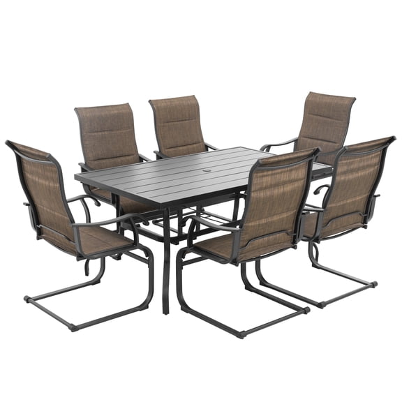 Nuu Garden Patio Dining Set 7 Pieces Outdoor Dining Set for 6 Patio Textilene Chairs with C-Shape Leg, Dining Table with 1.57" Umbrella Hole for Lawn Garden Deck, Brown