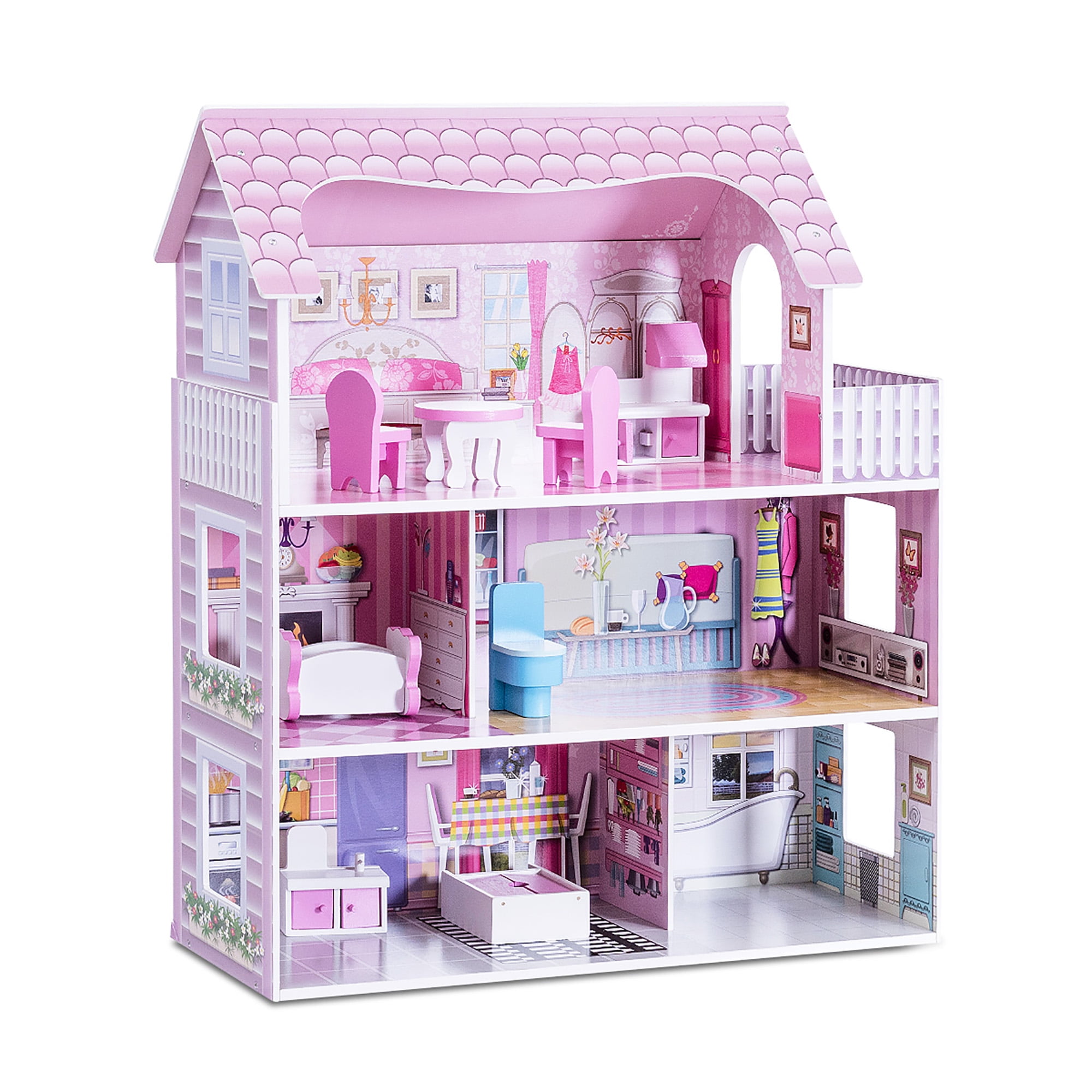 Gymax 28'' Pink Dollhouse w/ Furniture Rooms 3 Levels Young Girls Toy