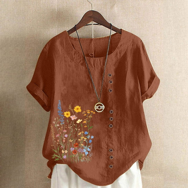 Staron Liquidation Hauts pour Femmes Été Coton Lin Tunique Chic Manches Courtes Retroussées Tendance Grande Taille Hauts Amples d'Été Col Rond T-Shirts à Imprimé Floral