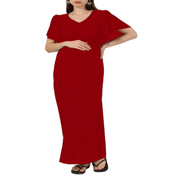 Womens Short Sleeve Maternity Dress Solid Color V Neck Casual Long Dress