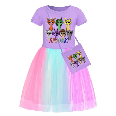 Sprunki Rhythm Box Girl Skirt Dress Children s Round Neck Pure Cotton Short Sleeve Lace Mesh Dress Half Skirt+Bag Two Piece Set  Suitable for Children 4-10 Years Old