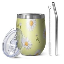 12oz Stemless Wine Tumblers Lightgreen Daisy Flower White Blooms Pattern Vacuum Insulated Stainless Steel Travel Tumbler Cups Mug with Lid and Straw for Champaign,Cocktail,Beer with Cleaning Brush